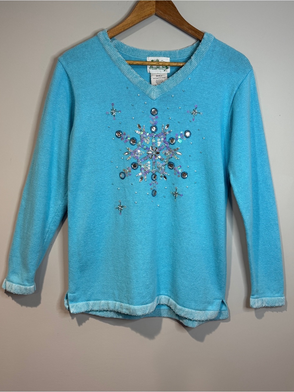 Quacker Factory Blue Aqua Embellished Snowflake Sweater Sequins Beaded Holiday S